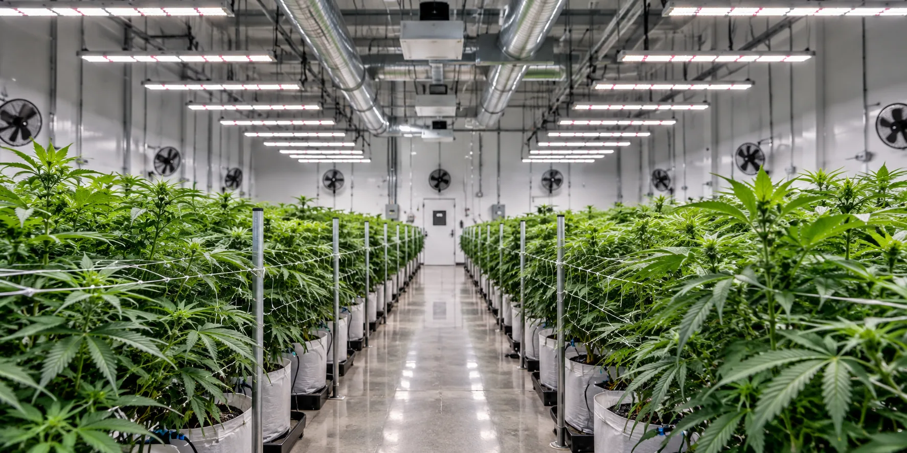 Indoor greenhouse cannabis rows